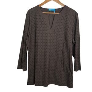 Fresh Produce Size Large Brown Eyelet 3/4 Length Sleeve Tunic Blouse